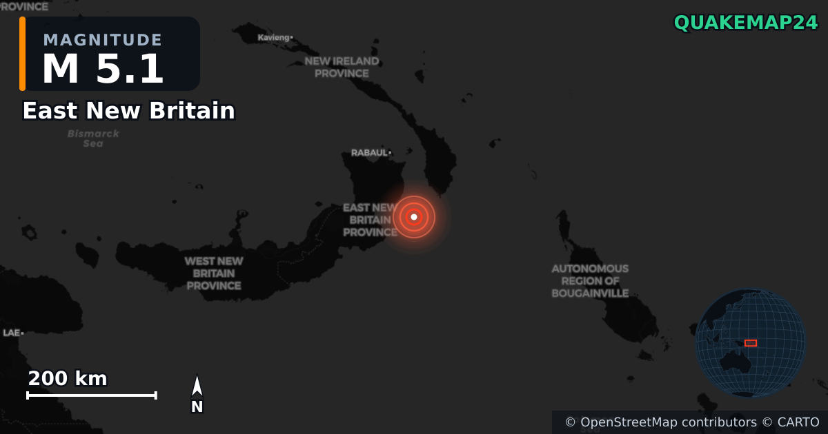 M5.1 earthquake near East New Britain on Dec 29, 2025 — map of epicenter and shaking intensity | QuakeMap24
