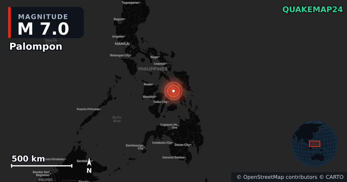 M7.0 earthquake near Palompon on Sep 30, 2025 — map of epicenter and shaking intensity | QuakeMap24