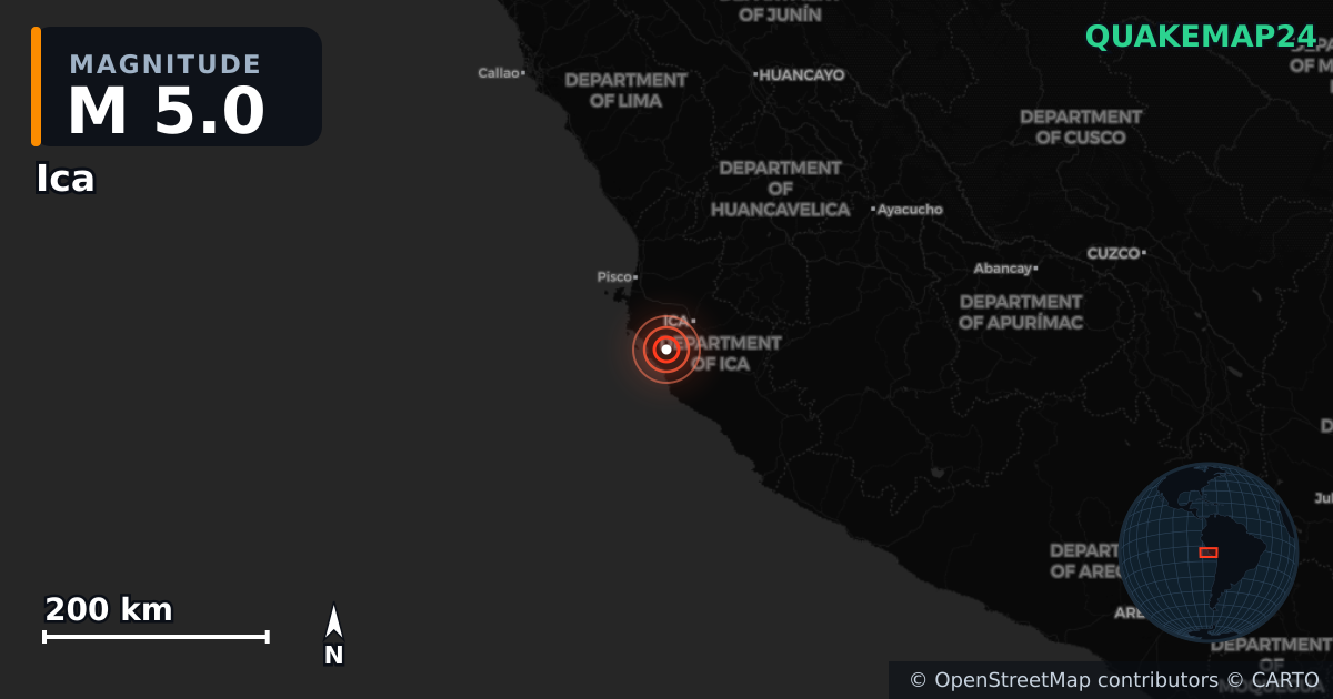 M5.0 earthquake near Ica on Jul 4, 2025 — map of epicenter and shaking intensity | QuakeMap24