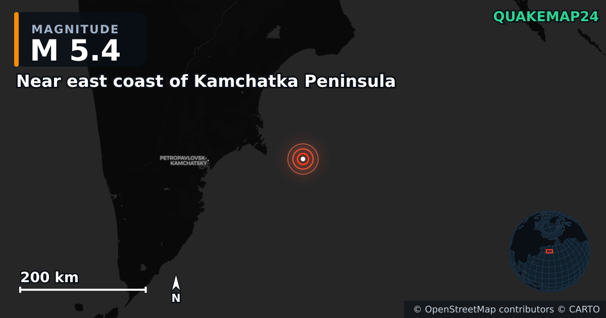 M5.4 earthquake near Near east coast of Kamchatka Peninsula on Sep 19, 2025 — map of epicenter and shaking intensity | QuakeMap24