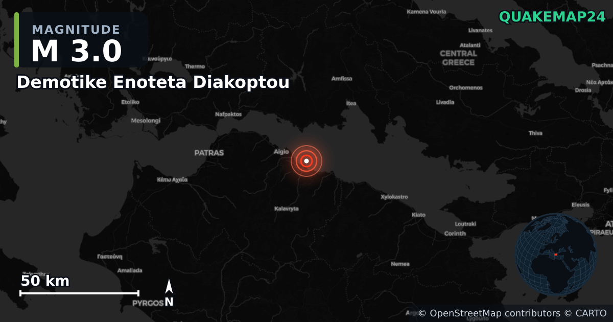 M3.0 earthquake near Demotike Enoteta Diakoptou on Jan 22, 2026 — map of epicenter and shaking intensity | QuakeMap24