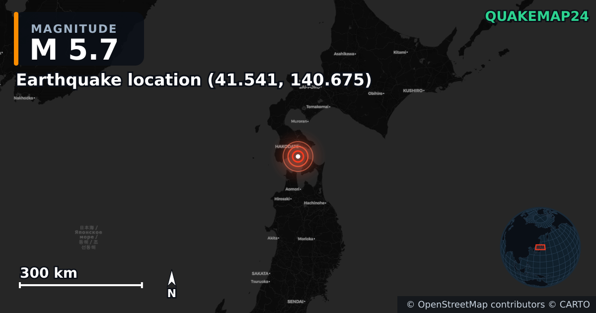 M5.7 earthquake near Deprem konumu (41.541, 140.675) on Aug 18, 2025 — map of epicenter and shaking intensity | QuakeMap24