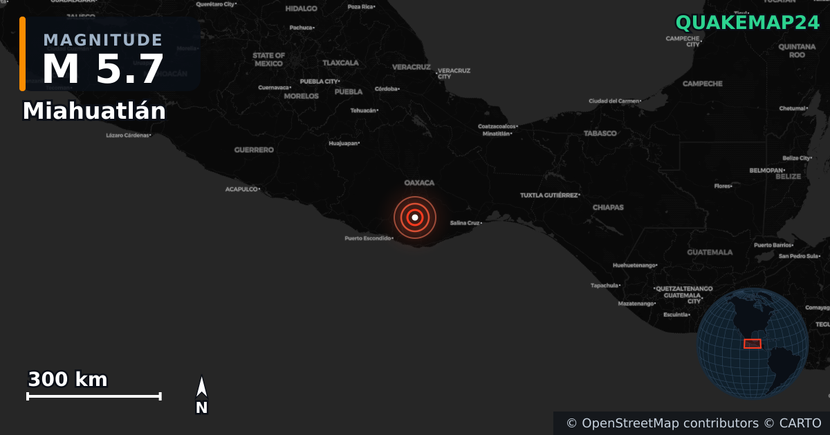 M5.7 earthquake near Miahuatlán on Feb 8, 2026 — map of epicenter and shaking intensity | QuakeMap24