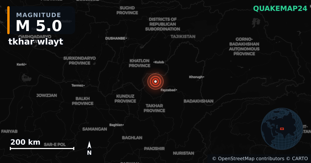 M5.0 earthquake near tkhar wlayt on Oct 7, 2025 — map of epicenter and shaking intensity | QuakeMap24