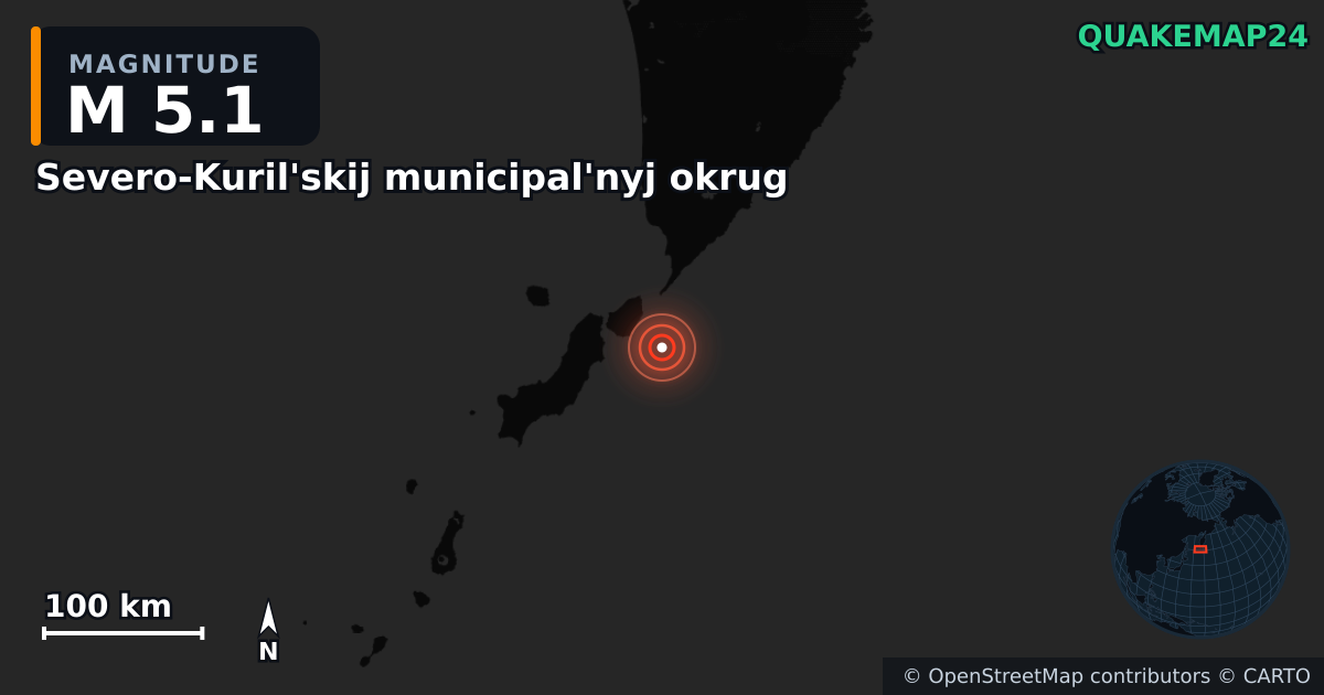 M5.1 earthquake near Severo-Kuril'skij municipal'nyj okrug on Jan 10, 2026 — map of epicenter and shaking intensity | QuakeMap24