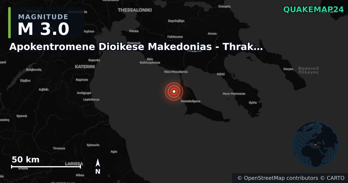M3.0 earthquake near Apokentromene Dioikese Makedonias - Thrakes on Jul 12, 2025 — map of epicenter and shaking intensity | QuakeMap24