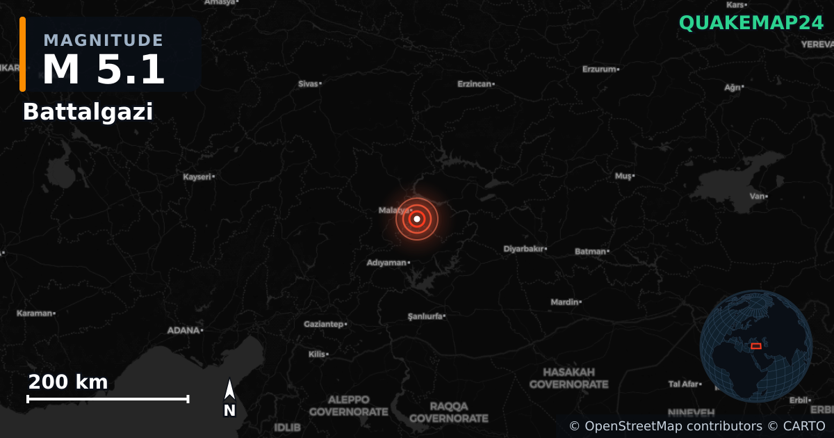 M5.1 earthquake near Battalgazi on May 20, 2026 — map of epicenter and shaking intensity | QuakeMap24