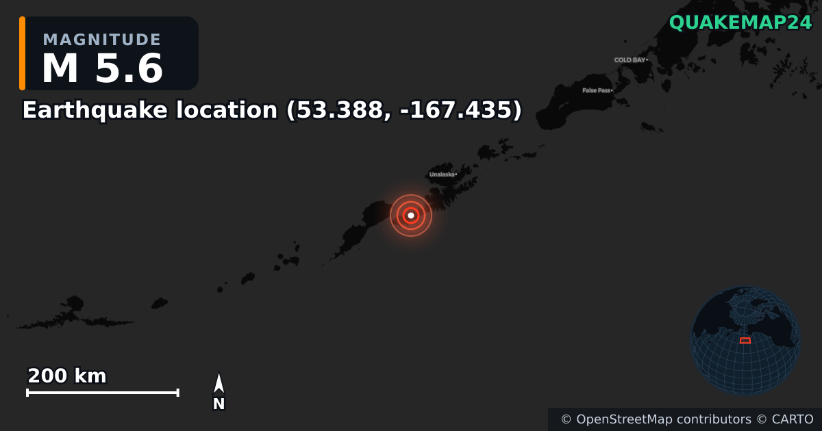 M5.6 earthquake near Erdbeben-Standort (53.388, -167.435) on Jan 26, 2025 — map of epicenter and shaking intensity | QuakeMap24
