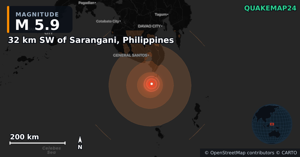 M5.9 earthquake near 32 km SW of Sarangani, Philippines on Aug 5, 2026 — map of epicenter and shaking intensity | QuakeMap24