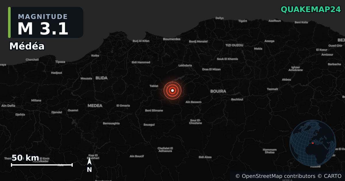 M3.1 earthquake near Médéa on Oct 7, 2025 — map of epicenter and shaking intensity | QuakeMap24