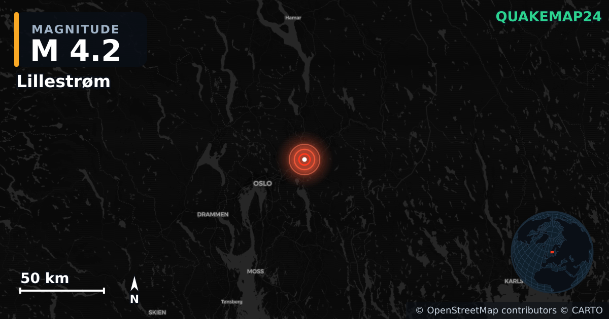 M4.2 earthquake near Lillestrøm on Apr 26, 2026 — map of epicenter and shaking intensity | QuakeMap24