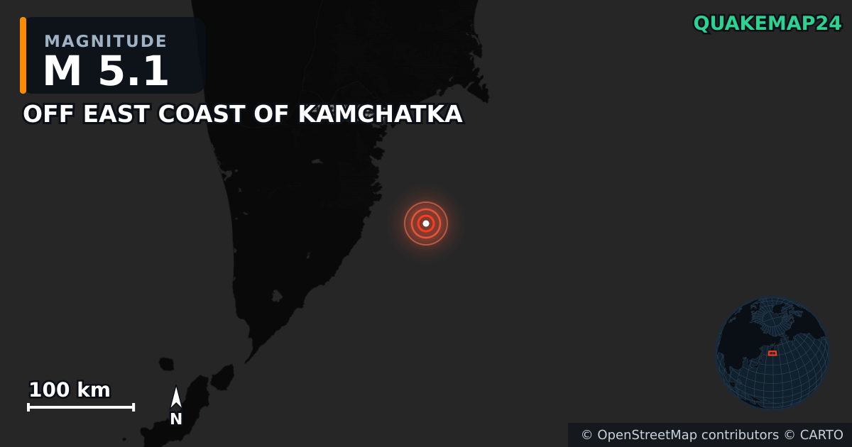 M5.1 earthquake near OFF EAST COAST OF KAMCHATKA on Jul 30, 2025 — map of epicenter and shaking intensity | QuakeMap24