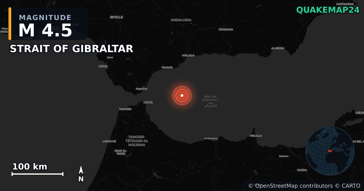M4.5 earthquake near STRAIT OF GIBRALTAR on Mar 17, 2026 — map of epicenter and shaking intensity | QuakeMap24