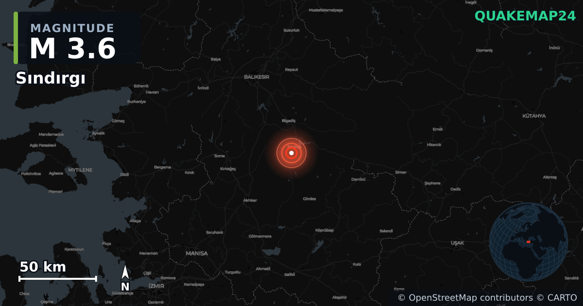 Terremoto de M3,6 cerca de Sındırgı (Turquía) · 2025-12-06 — Mapa de la ubicación del epicentro