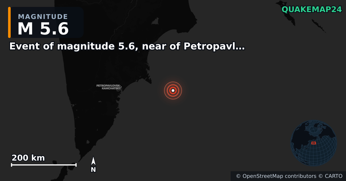 M5.6 earthquake near Event of magnitude 5.6, near of Petropavlovsk Kamchatskiy (Monde) on Sep 19, 2025 — map of epicenter and shaking intensity | QuakeMap24
