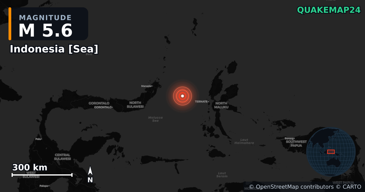 M5.6 earthquake near Indonesia [Sea] on May 22, 2026 — map of epicenter and shaking intensity | QuakeMap24