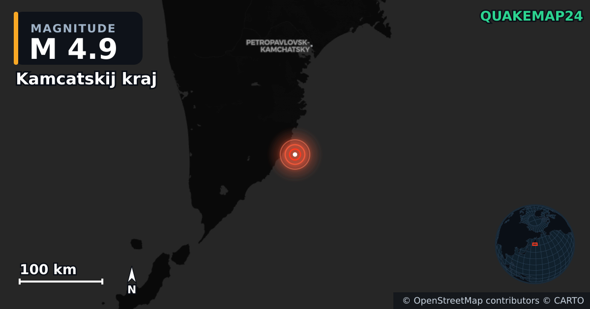 M4.9 earthquake near Kamcatskij kraj on Jul 30, 2025 — map of epicenter and shaking intensity | QuakeMap24