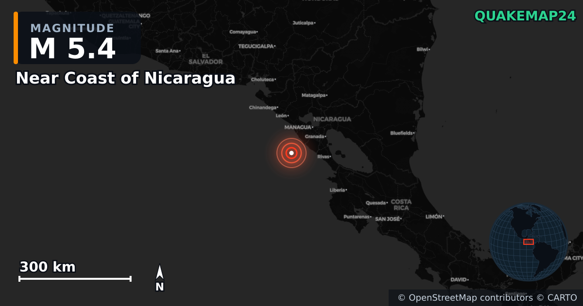M5.4 earthquake near Near Coast of Nicaragua on Mar 30, 2026 — map of epicenter and shaking intensity | QuakeMap24