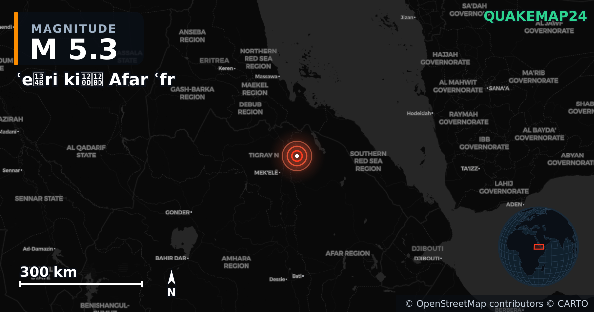 M5.3 earthquake near ʿeፋri kiልል Afar ʿfr on Oct 11, 2025 — map of epicenter and shaking intensity | QuakeMap24