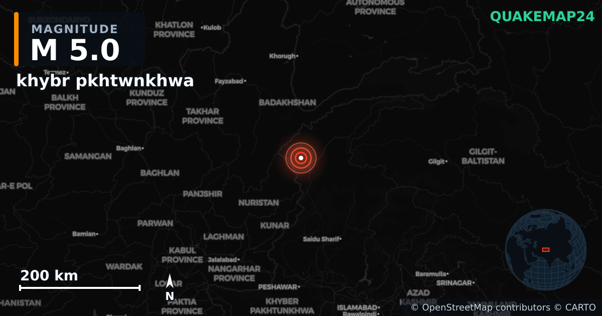 M5.0 earthquake near khybr pkhtwnkhwa on Sep 4, 2025 — map of epicenter and shaking intensity | QuakeMap24
