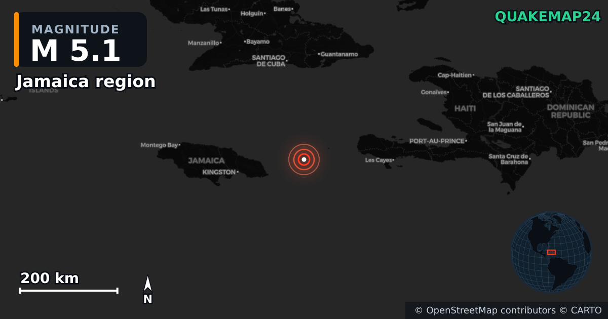 Erdbeben M5,1 bei Jamaica region — Karte der Lage des Epizentrums