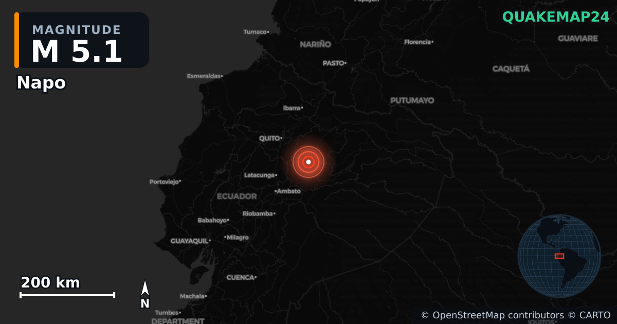 M5.1 earthquake near Napo on Dec 19, 2025 — map of epicenter and shaking intensity | QuakeMap24