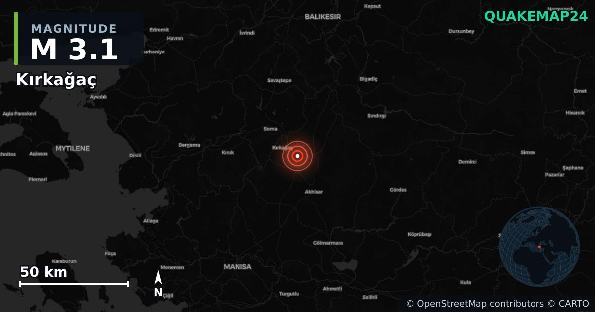 M3.1 earthquake near Kırkağaç on Nov 16, 2025 — map of epicenter and shaking intensity | QuakeMap24