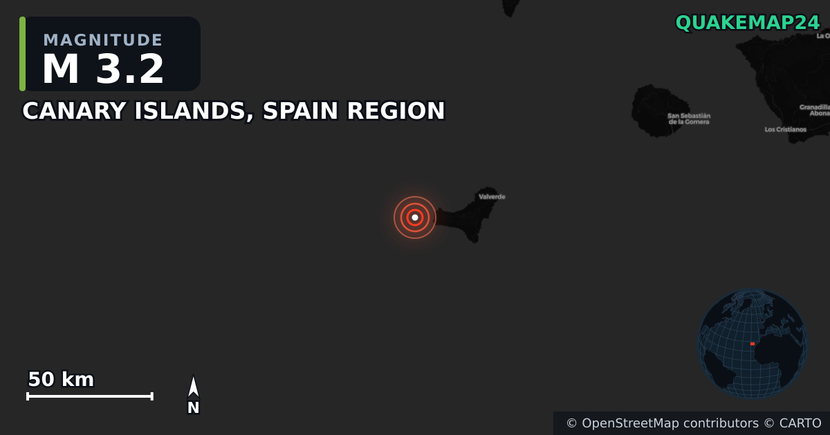 M3.2 earthquake near CANARY ISLANDS, SPAIN REGION on May 19, 2025 — map of epicenter and shaking intensity | QuakeMap24