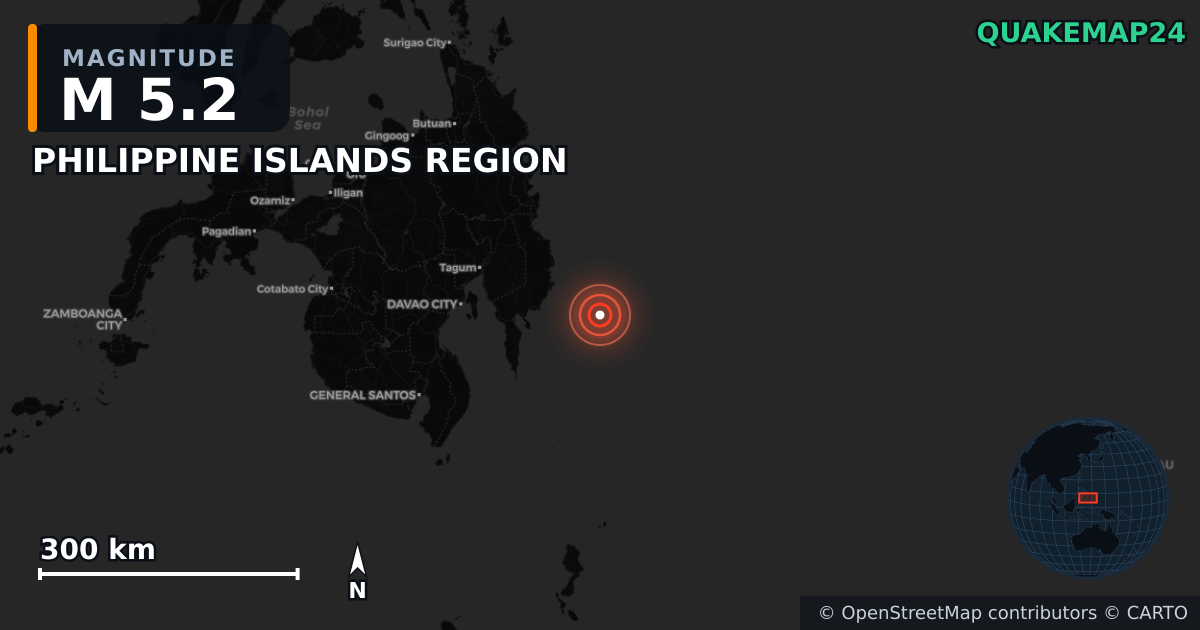 Sismo de M5,2 perto de PHILIPPINE ISLANDS REGION — Mapa da localização do epicentro