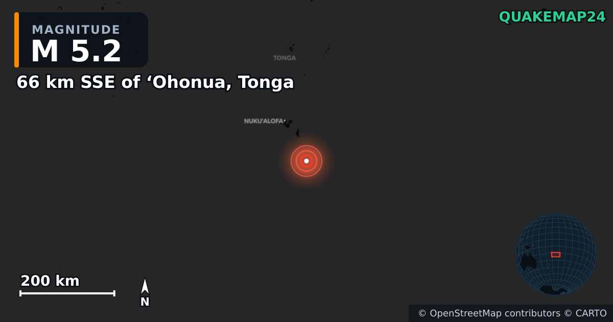 M5.2 earthquake near 66 km SSE of ‘Ohonua, Tonga on Jan 26, 2026 — map of epicenter and shaking intensity | QuakeMap24