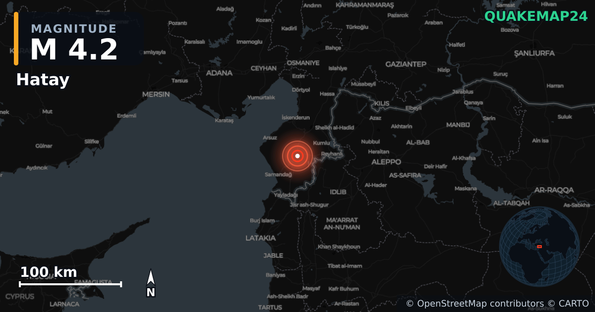 Terremoto de M4,2 cerca de Hatay (Turquía) · 2025-12-15 — Mapa de la ubicación del epicentro