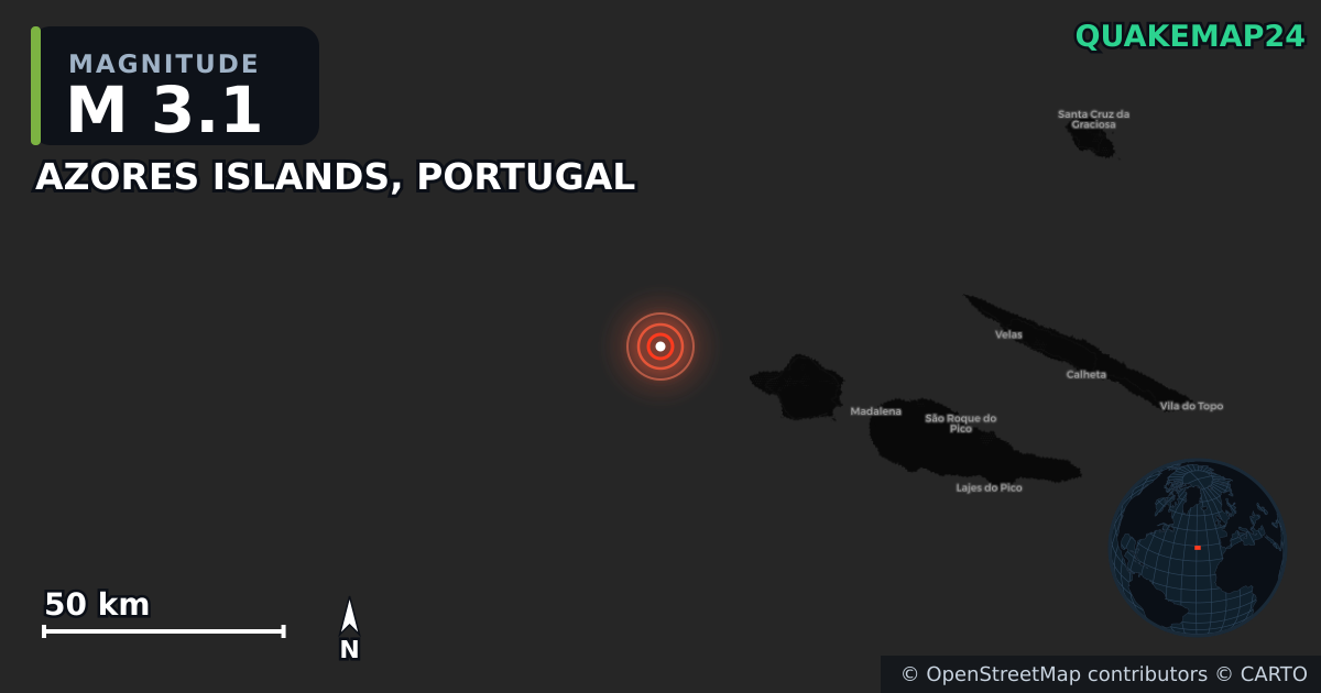 M3.1 earthquake near AZORES ISLANDS, PORTUGAL on Oct 2, 2025 — map of epicenter and shaking intensity | QuakeMap24
