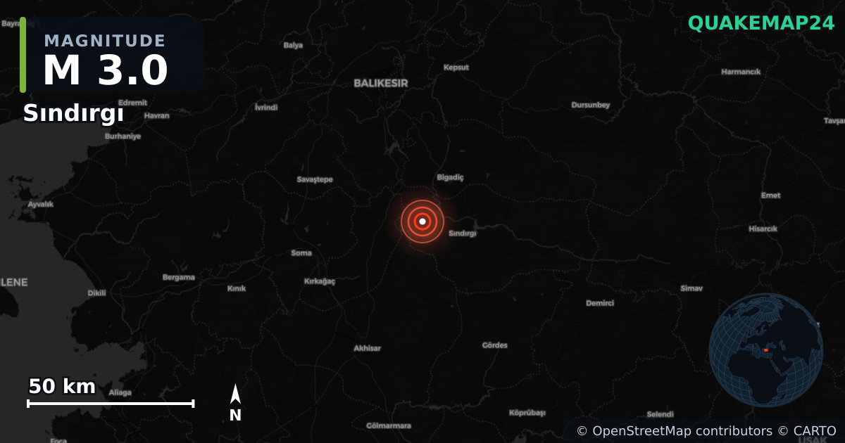 M3.0 earthquake near Sındırgı on Aug 11, 2025 — map of epicenter and shaking intensity | QuakeMap24