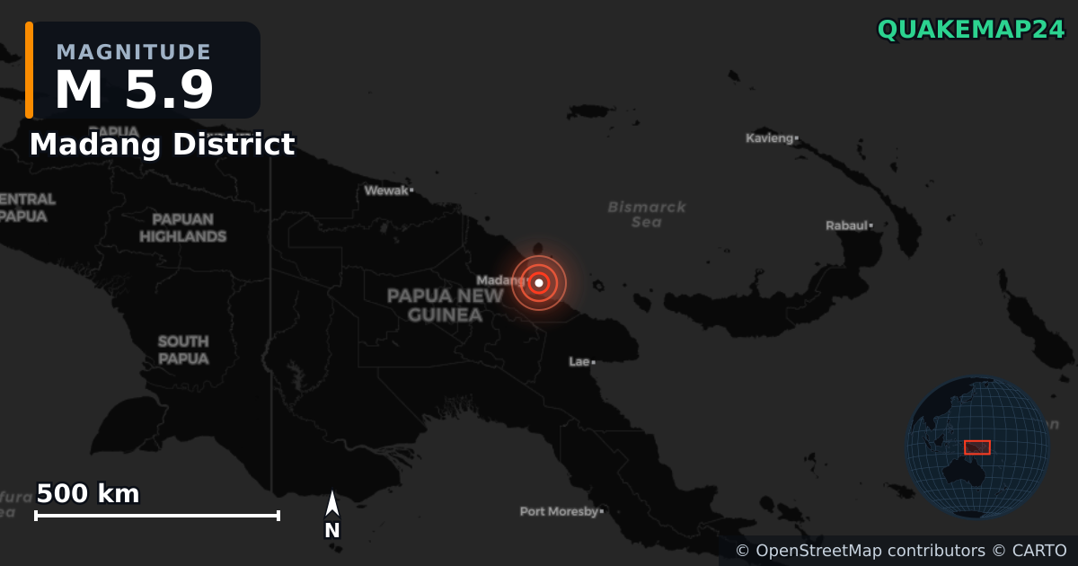 M5.9 earthquake near Madang District on Jan 20, 2026 — map of epicenter and shaking intensity | QuakeMap24