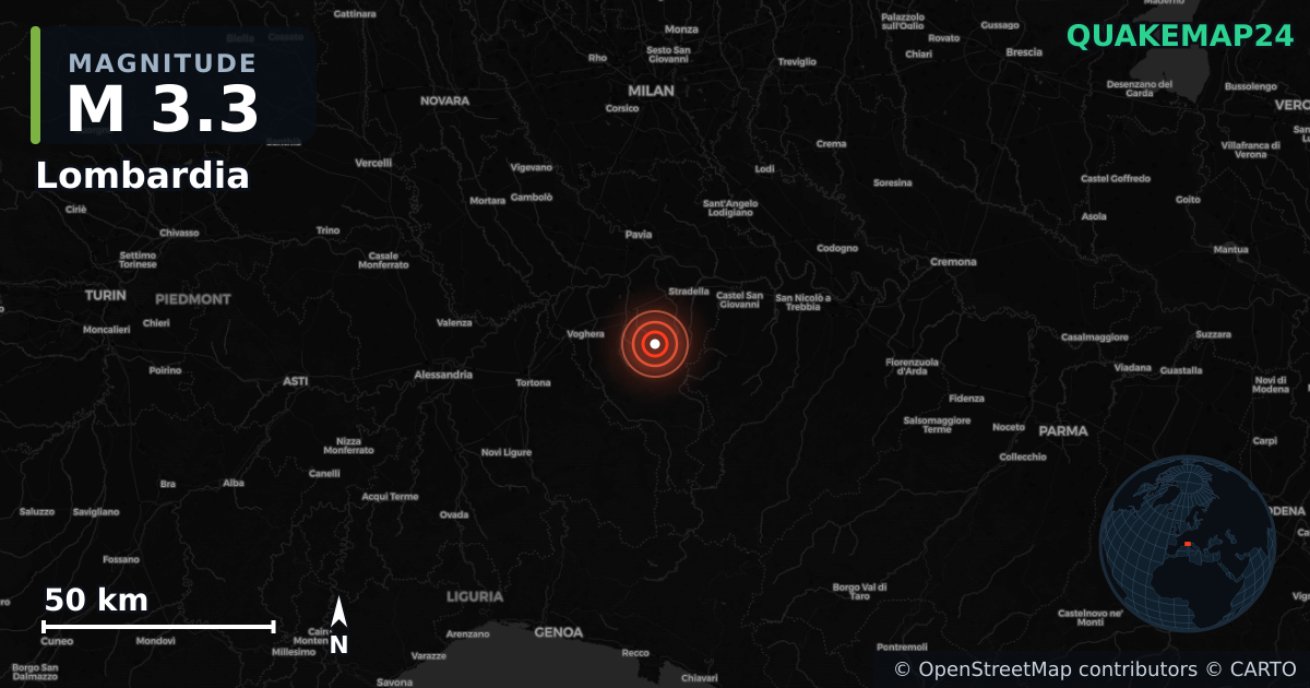 M3.3 earthquake near Lombardia on Oct 3, 2025 — map of epicenter and shaking intensity | QuakeMap24