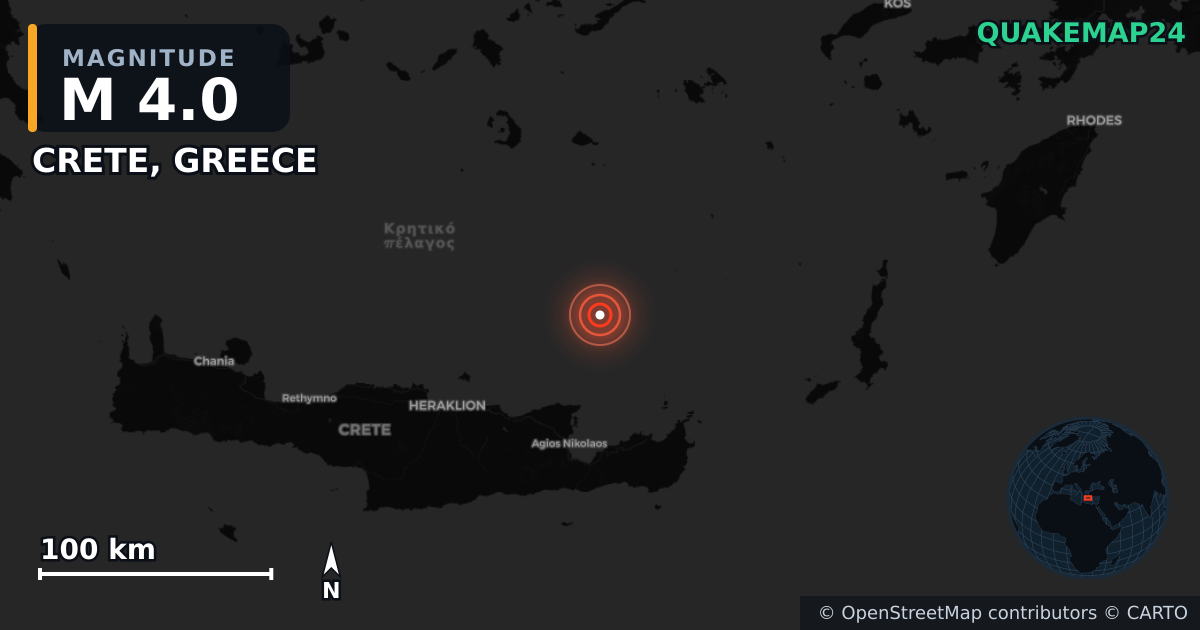 M4.0 earthquake near CRETE, GREECE on May 22, 2025 — map of epicenter and shaking intensity | QuakeMap24
