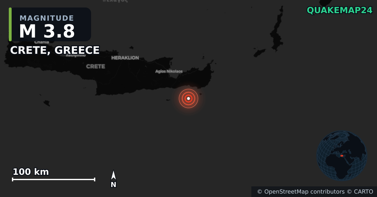M3.8 earthquake near CRETE, GREECE on Nov 19, 2025 — map of epicenter and shaking intensity | QuakeMap24