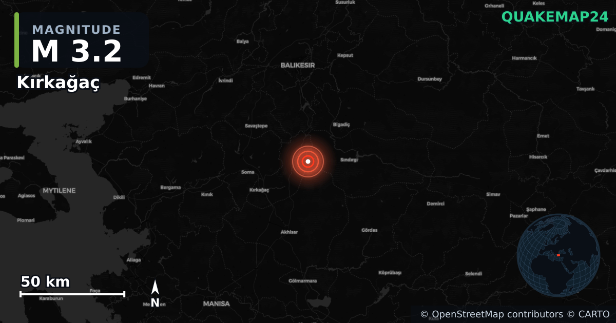 M3.2 earthquake near Kırkağaç on Nov 19, 2025 — map of epicenter and shaking intensity | QuakeMap24