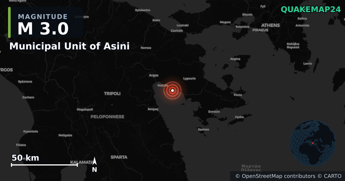M3.0 earthquake near Municipal Unit of Asini on Jul 23, 2026 — map of epicenter and shaking intensity | QuakeMap24