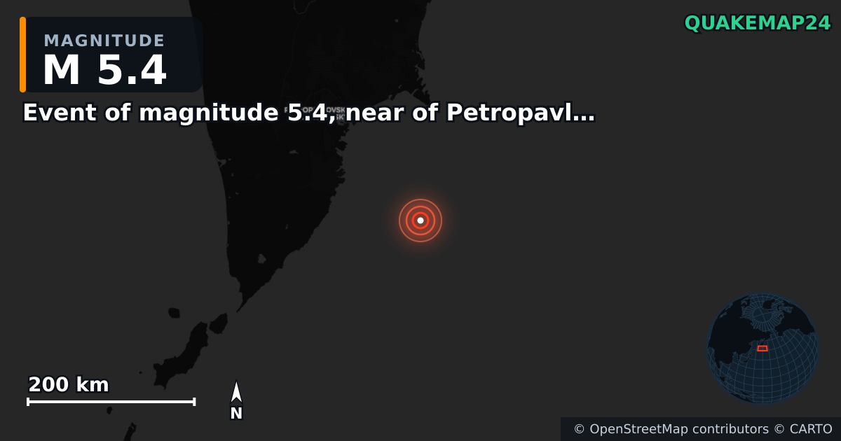 M5.4 earthquake near Event of magnitude 5.4, near of Petropavlovsk Kamchatskiy (Monde) on Oct 4, 2025 — map of epicenter and shaking intensity | QuakeMap24