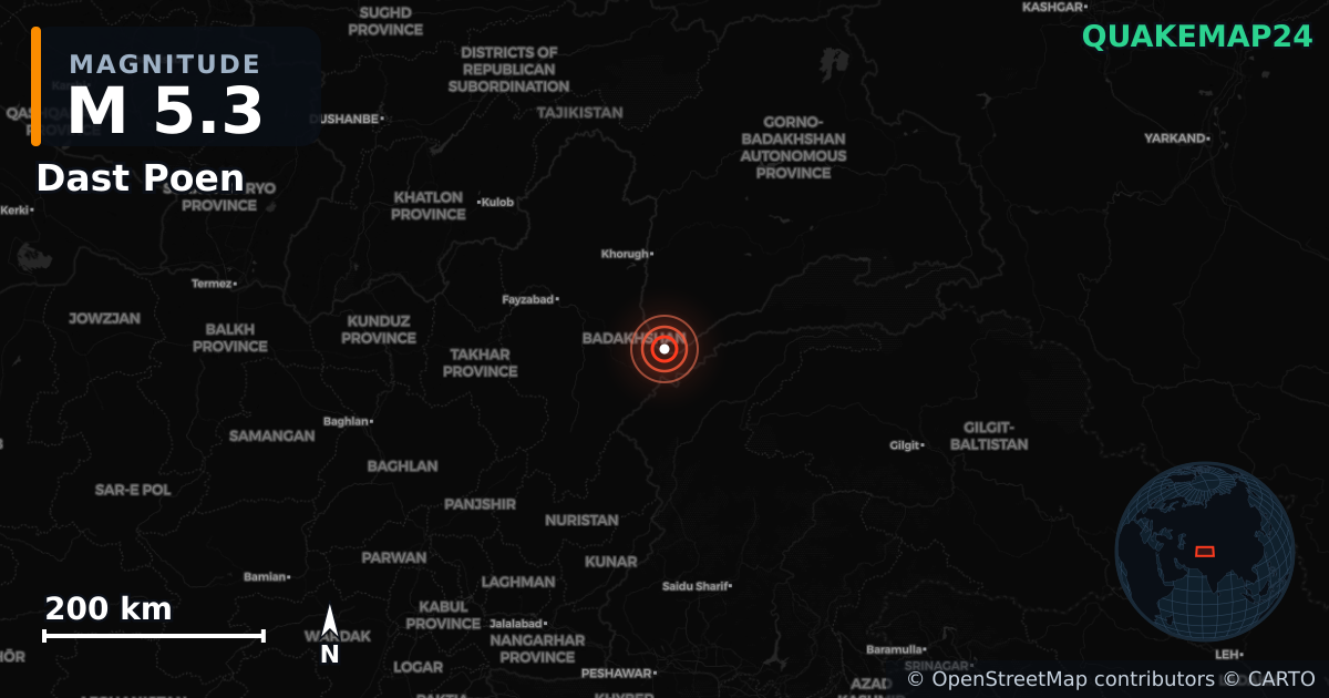 M5.3 earthquake near Dast Poen on Feb 25, 2026 — map of epicenter and shaking intensity | QuakeMap24