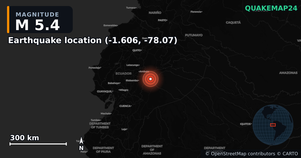 M5.4 earthquake near Deprem konumu (-1.606, -78.07) on Sep 3, 2025 — map of epicenter and shaking intensity | QuakeMap24