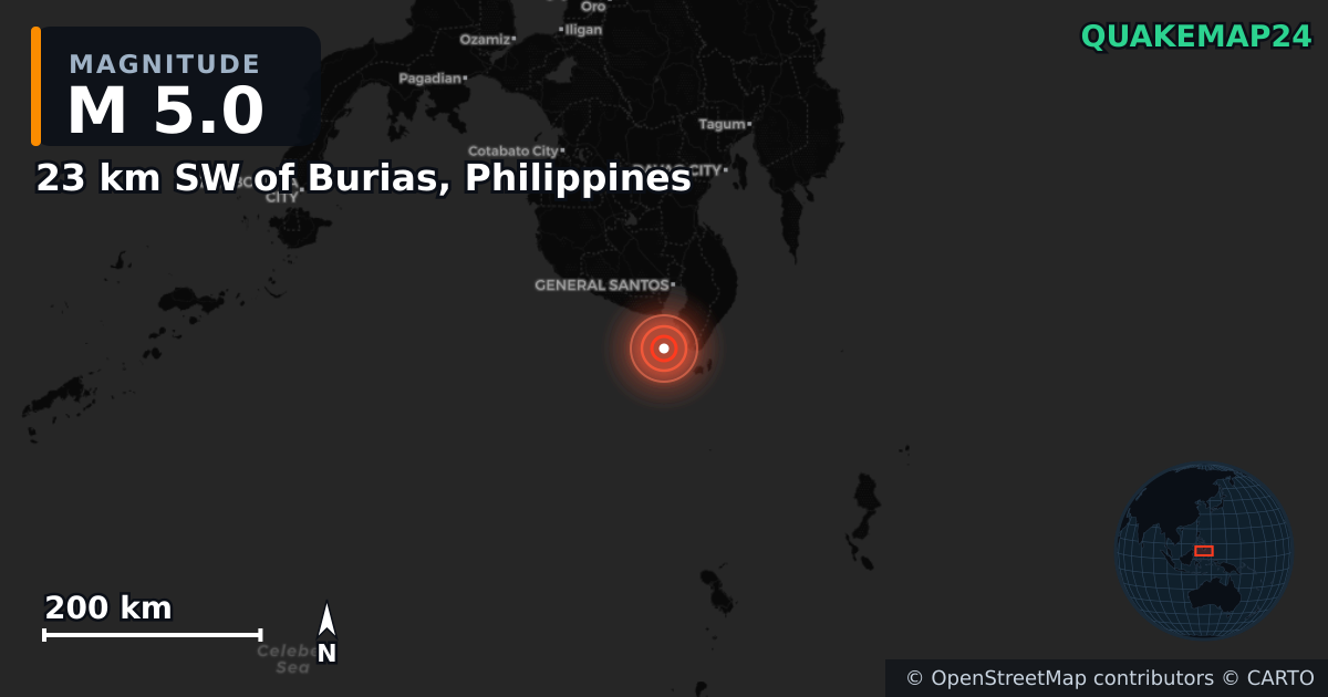 M5.0 earthquake near 23 km SW of Burias, Philippines on Jan 13, 2025 — map of epicenter and shaking intensity | QuakeMap24