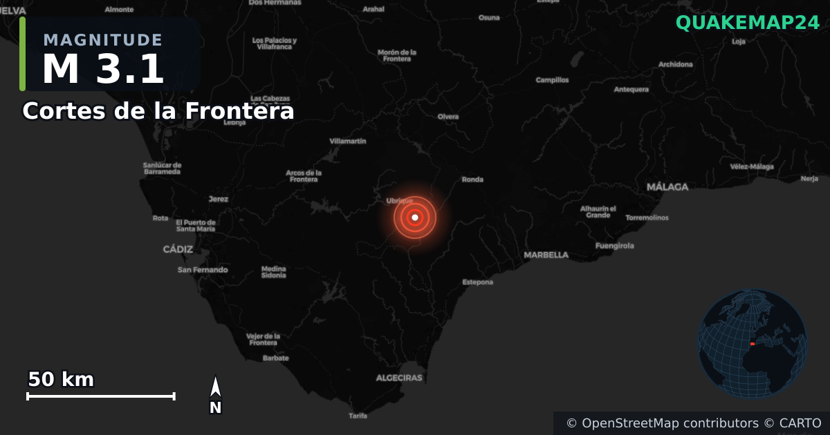 M3.1 earthquake near Cortes de la Frontera on Feb 9, 2026 — map of epicenter and shaking intensity | QuakeMap24