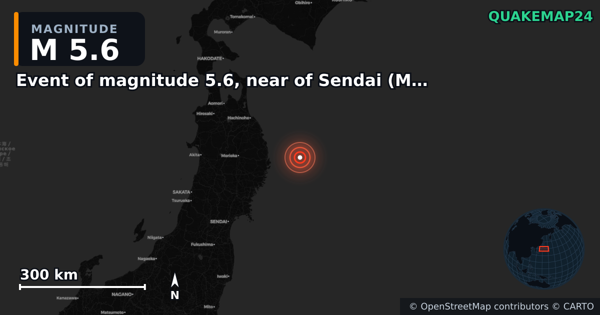 M5.6 earthquake near Event of magnitude 5.6, near of Sendai (Monde) on Mar 26, 2026 — map of epicenter and shaking intensity | QuakeMap24