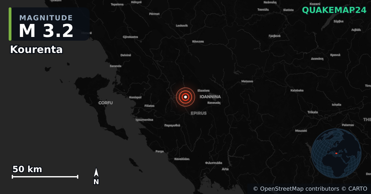 M3.2 earthquake near Kourenta on Mar 15, 2026 — map of epicenter and shaking intensity | QuakeMap24