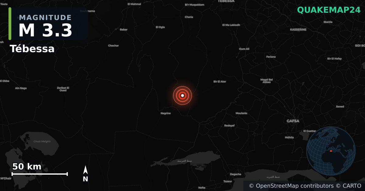 M3.3 earthquake near Tébessa on Aug 21, 2025 — map of epicenter and shaking intensity | QuakeMap24