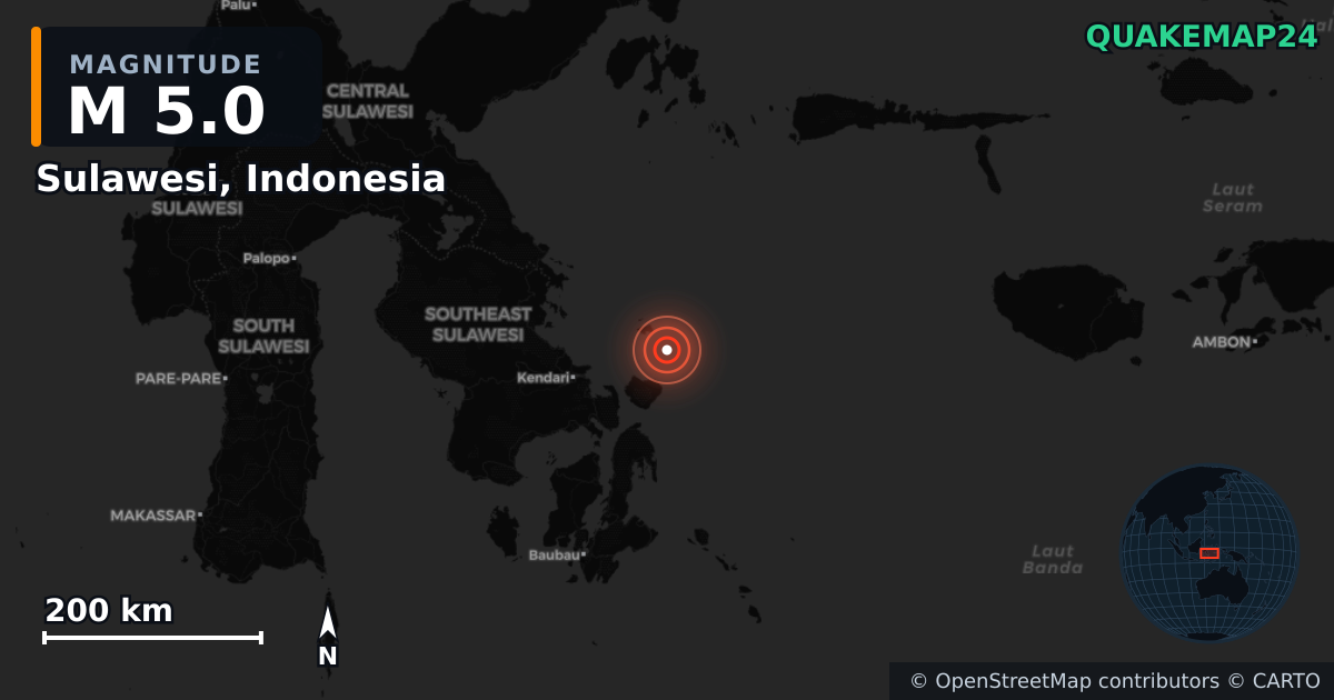 Erdbeben M5,0 bei Sulawesi, Indonesia — Karte der Lage des Epizentrums