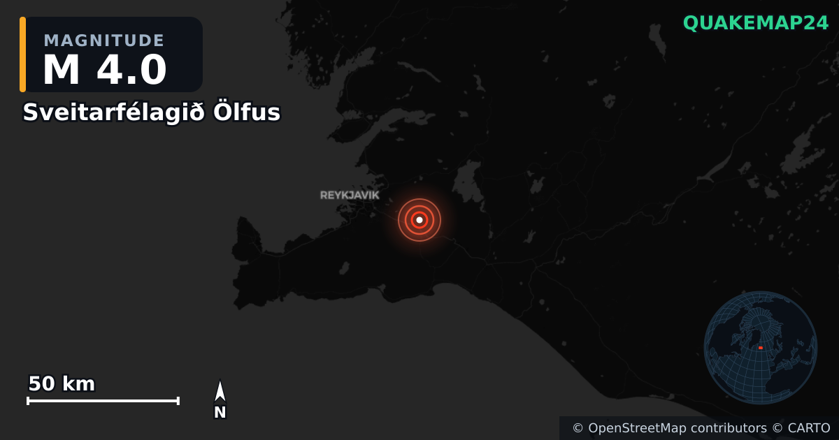 M4.0 earthquake near Sveitarfélagið Ölfus on Jun 1, 2026 — map of epicenter and shaking intensity | QuakeMap24