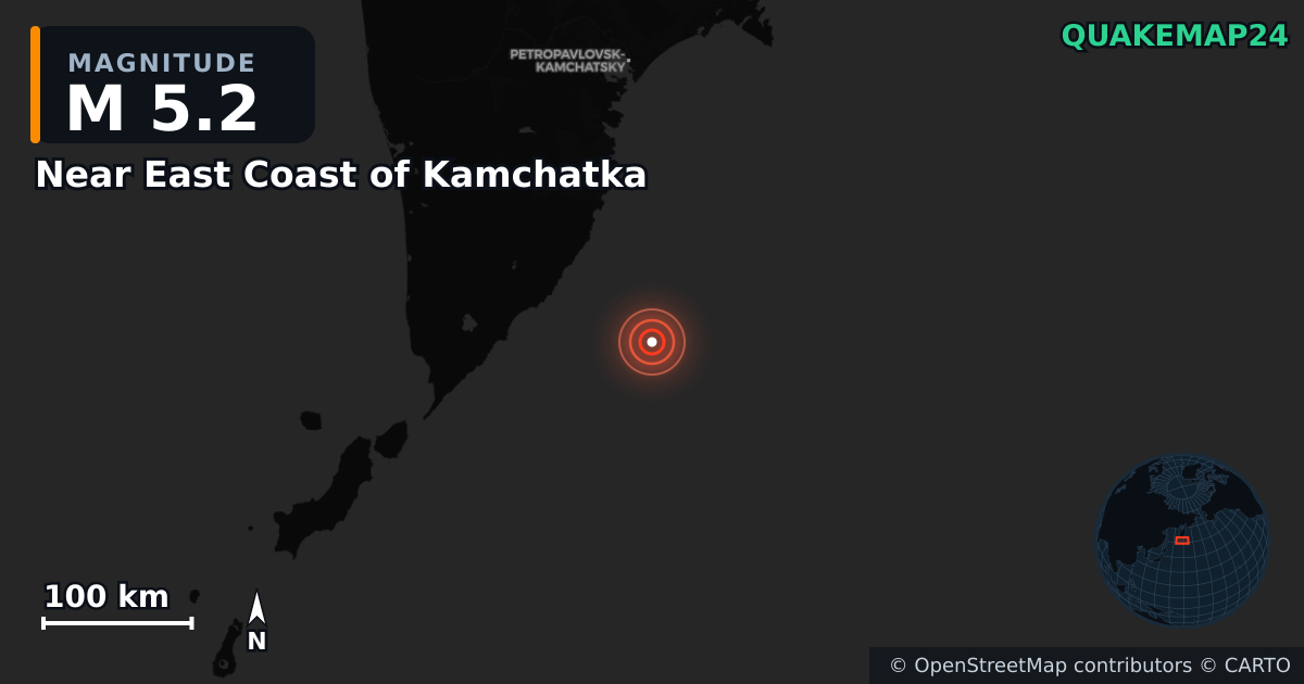 M5.2 earthquake near Near East Coast of Kamchatka on Jul 30, 2025 — map of epicenter and shaking intensity | QuakeMap24